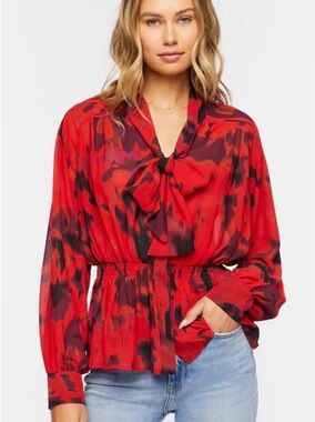 Forever 21 Red Black Abstract Tie Neck Peplum Blouse Size Small
